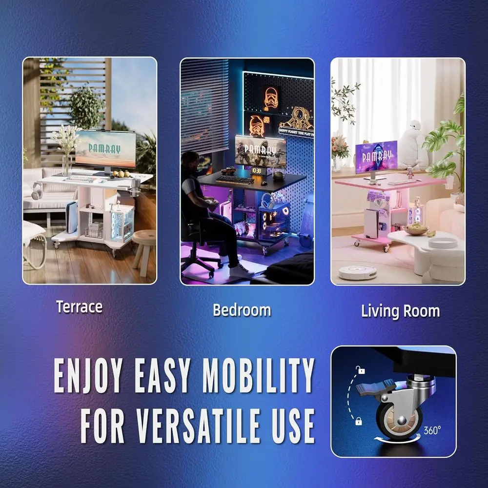 전원 콘센트, 수납 공간 및 페그보드가 있는 소형 공간용 컴팩트 LED 조명 게이밍 책상(화이트)