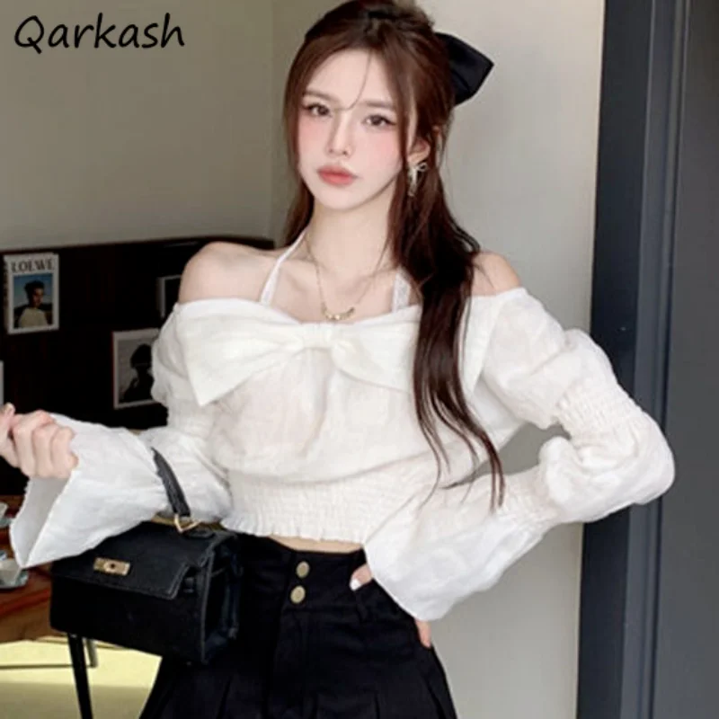 

Halter Blouses Women Elegant Streetwear Flare Sleeve Spring Casual Crop Tops Hotsweet Korean Style Simple Daily Vacation Female