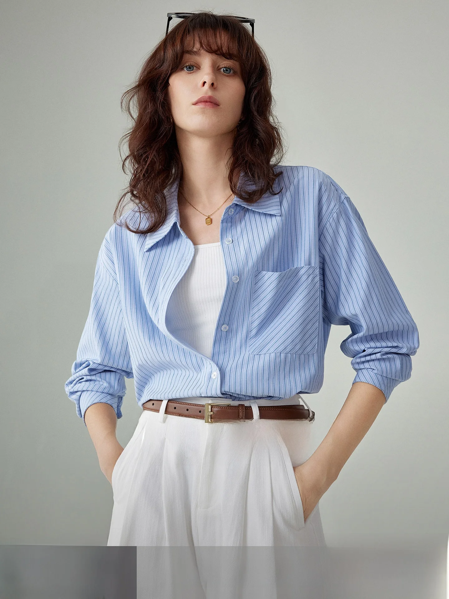 

Классическая женская рубашка Aya Home в синюю полоску, весенне-осенняя, с длинным рукавом, для работы и повседневной носки, для многослойных образов