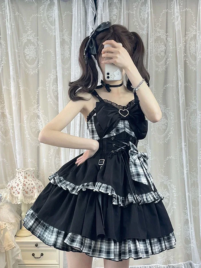 Idol clothes Lolita JSK Dress Red Plaid Pattern Sleeveless Ruffles Bows Lace Up Lolita Jumper Skirt  By Alice Girl