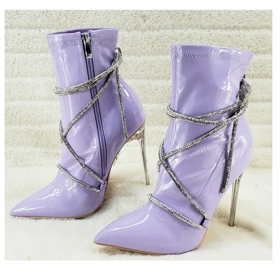 Purple Chain Decor Pointed Toe Boots Iron Heel Mid Calf Fashion Sexy 2023 Summer Casual Big Size Woman Shoes Zapatillas Mujer