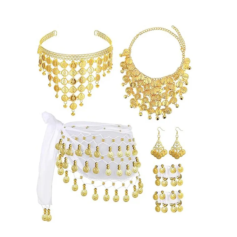 

Bohemian Belly Dance Waist Scarf Shawl Jewelry Set Hair Clip Necklace Earrings Bracelet for Show