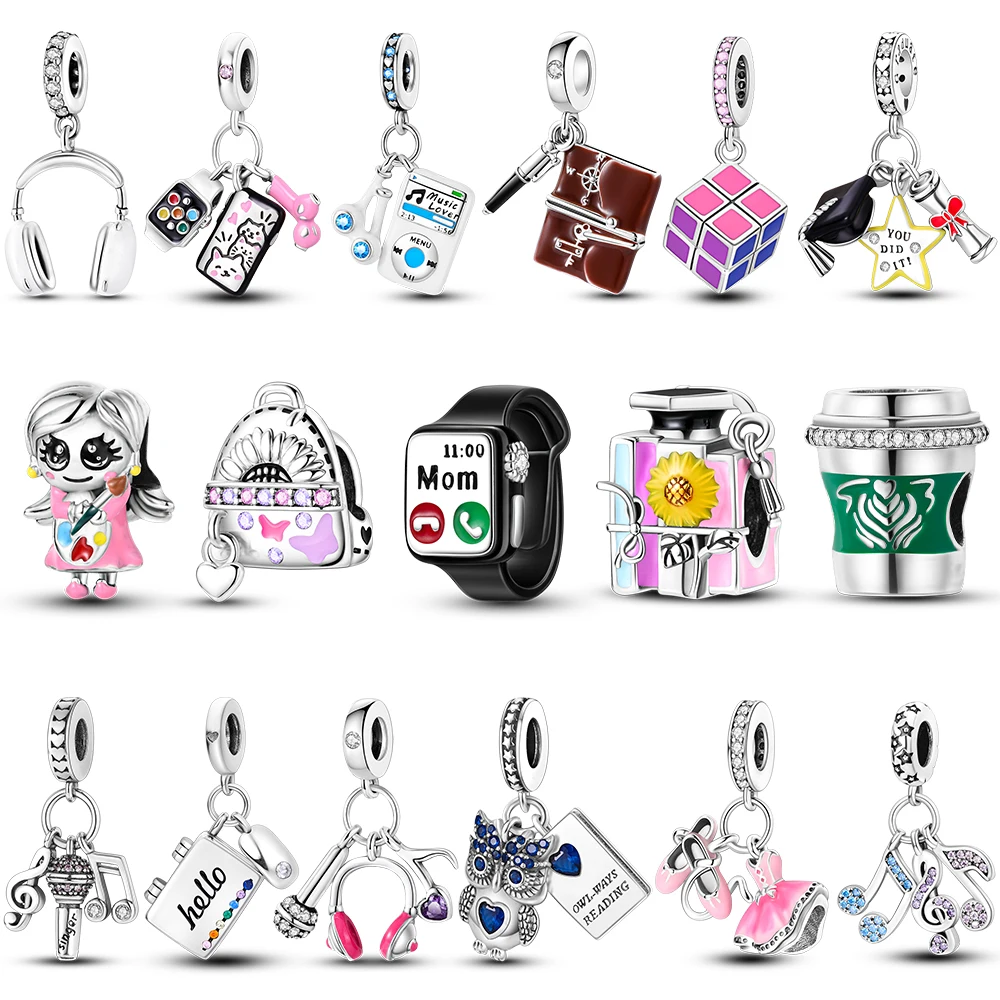 

2024 Silver Plated Campus Bike Book Guitar Charm Beads Fit Original Bangle Pendent Dangle Bracelet for Women DIY Making Jewelry