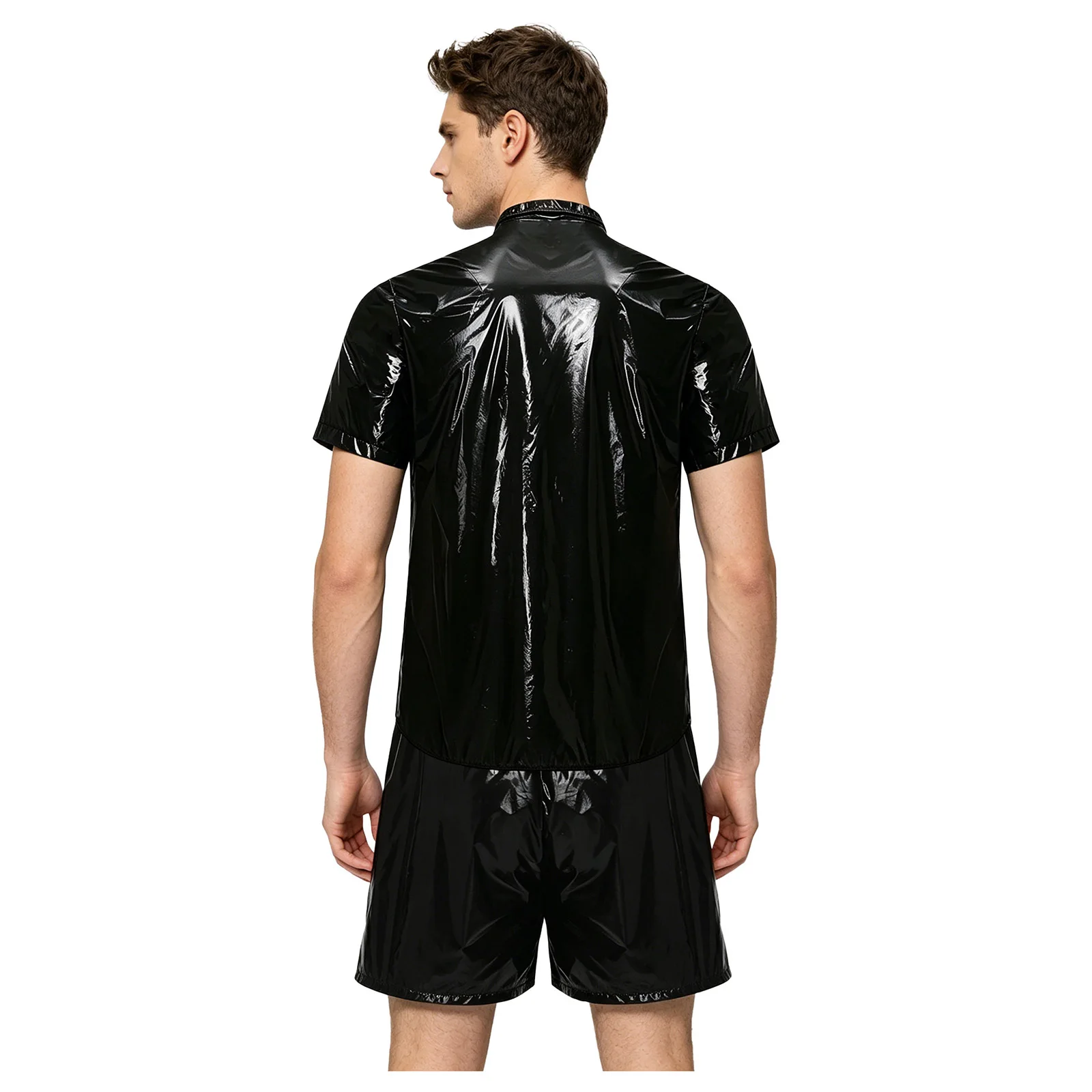 Mens Waterproof Tracksuit Short Sleeve Front Button Lapel T-shirt And Elastic Waistband Built-in Briefs Boxer Shorts Swimwear