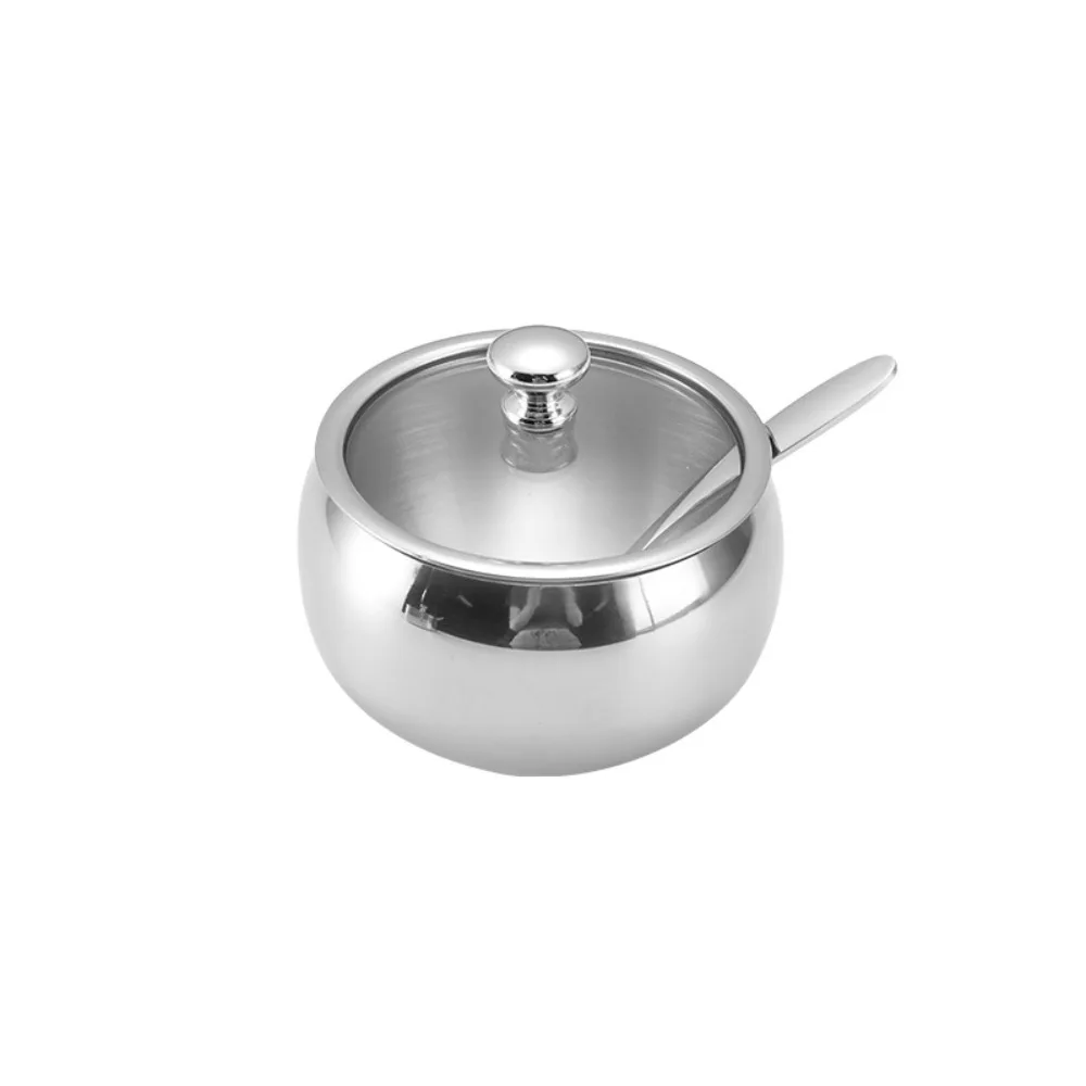 

304 Stainless Steel Spherical Sugar Cube Bowl Moisture-proof Rust-proof Seasoning Tank Corrosion-resistant with Spoon and Tray