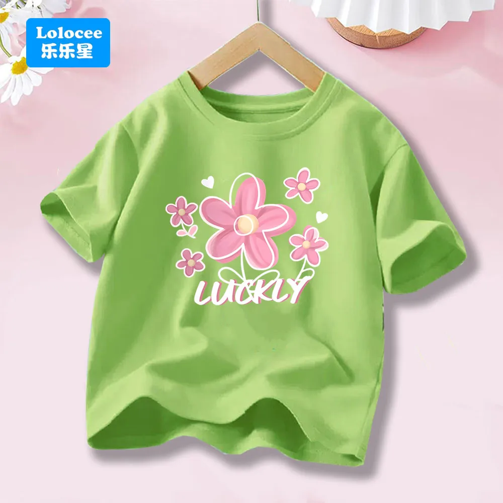 2026 Korean Summer Lucky Flower Short Sleeve T-shirts For Girls 3-14 Years Cotton Toddler Girl Tops Baby Girl Tees Clothes HHY1