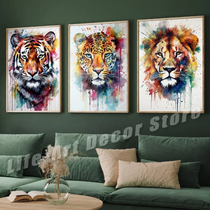 Animal Watercolour Portrait Tiger Leopard Lion Posters Prints Canvas Painting Wildlife Wall Art Picture Modern Living Room Decor