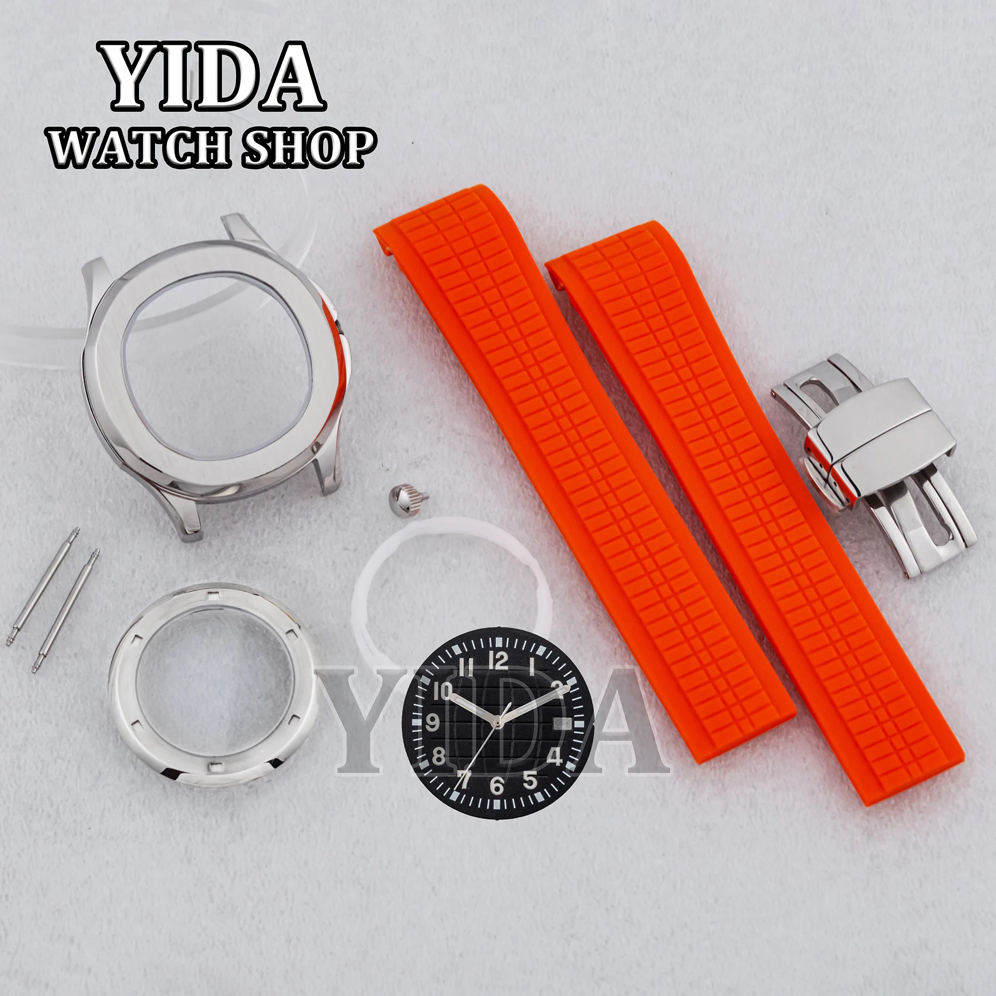 Silver 42MM Watch Case Sapphire Crystal Rubber Strap Luminous Watch Dial Hands Original Buckle for AQUANAUT NH35 NH36 Movement