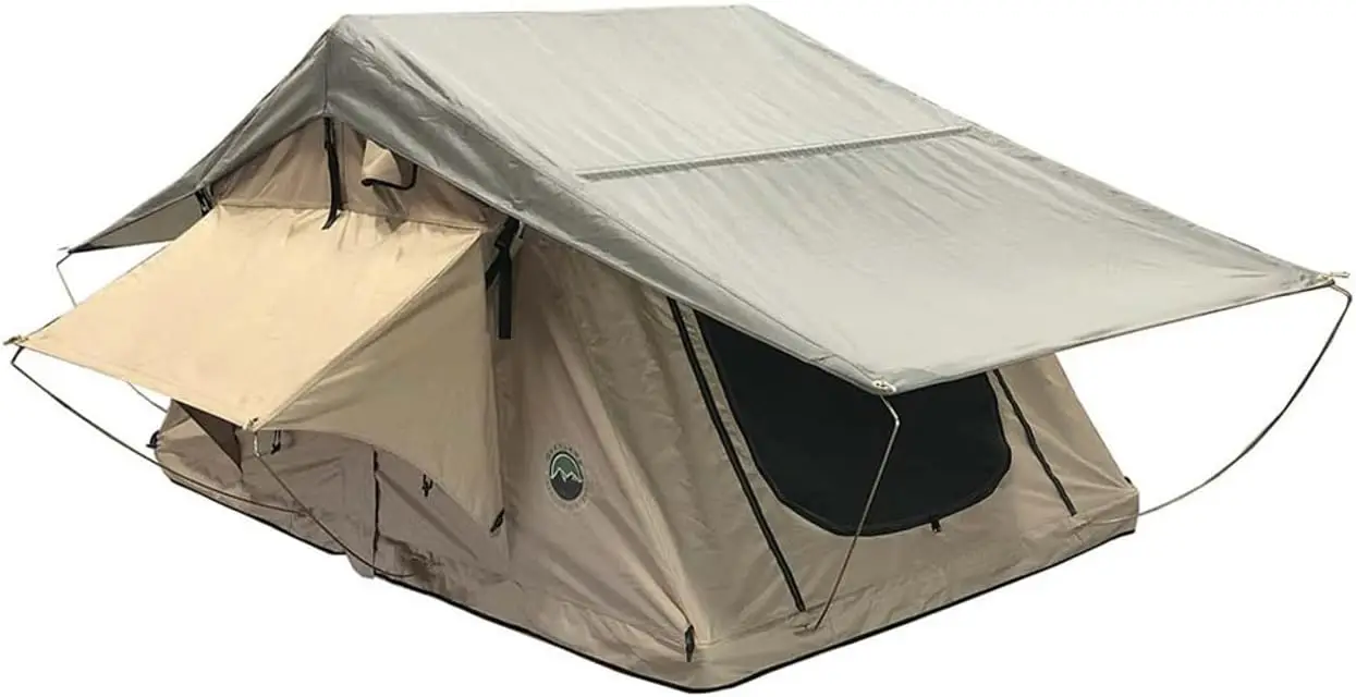 3 Person Roof Top Tent with Rain Fly Tan Body & Green Rainfly - Black Aluminum Base with Black Lad