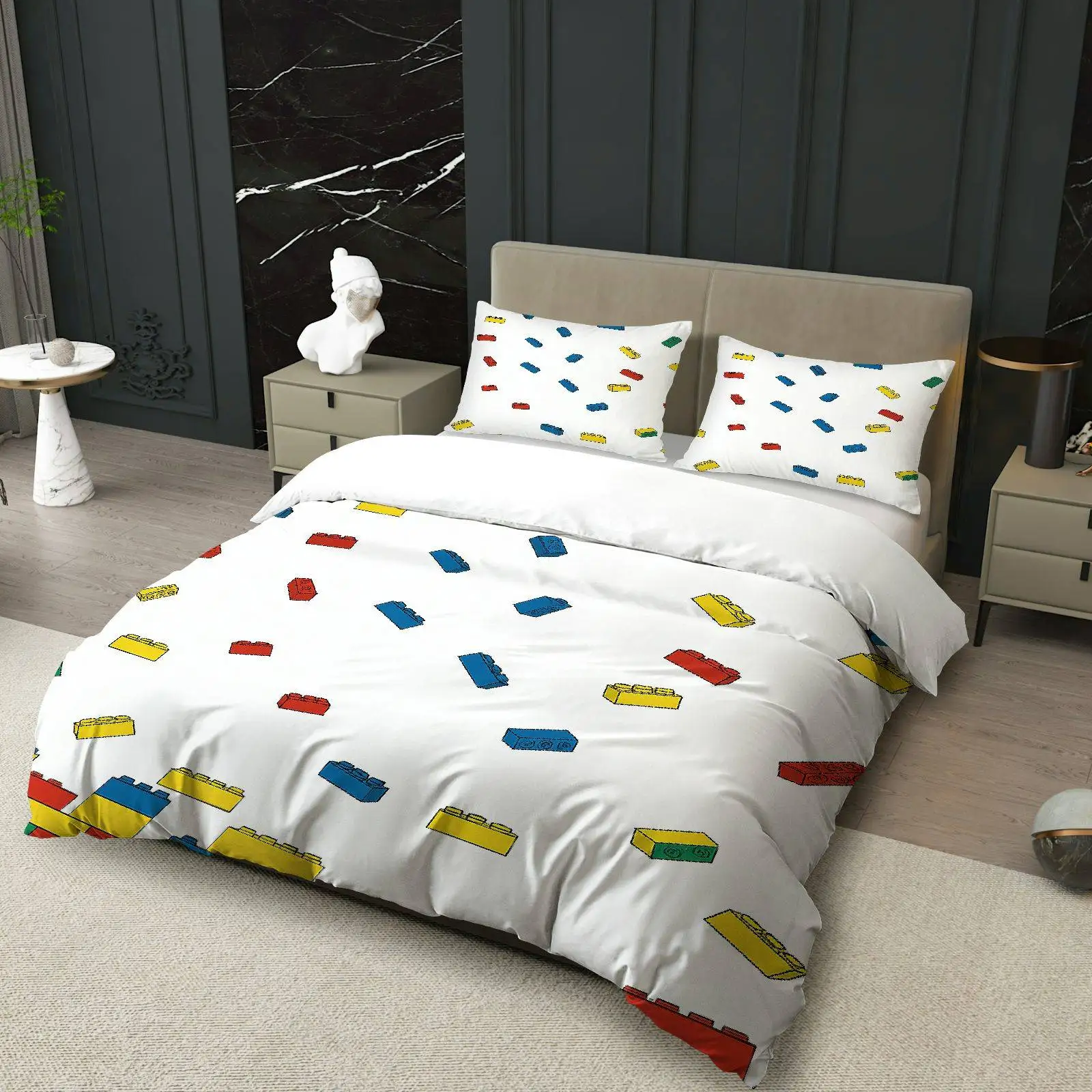 Customize 3pcs bedding Including 1 Duvet And 2 Pillowcases (Filler Not Included), Featuring a Fun Theme of Colorful Building Blo