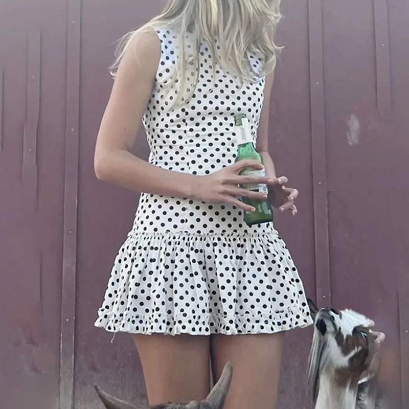 Ärmellose Kurze Dot Print Frauen Kleider Slim Fit Elegante Einfache Büro Dame Trendy Kleidung vestidos de tricô femenino