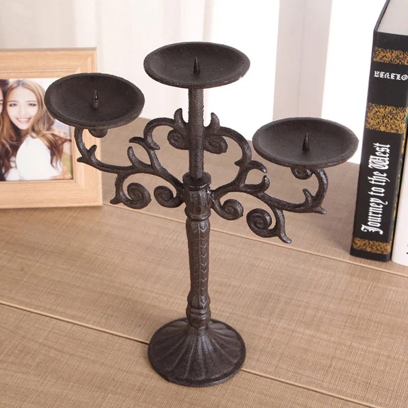 Antique Rustic Chic Branch Home Decor Country Accents Tabletop Cast Iron Candle Holder Three Cups Bases With Thorn In Center