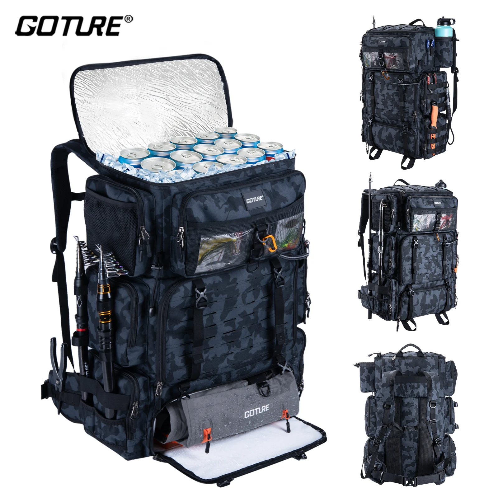 Goture 72L Outdoor Trave Backpacks Large Capacity Fishing Bag with Cool Bag 16L & Dry/Wet Compartment Camping Hunting Hiking bag