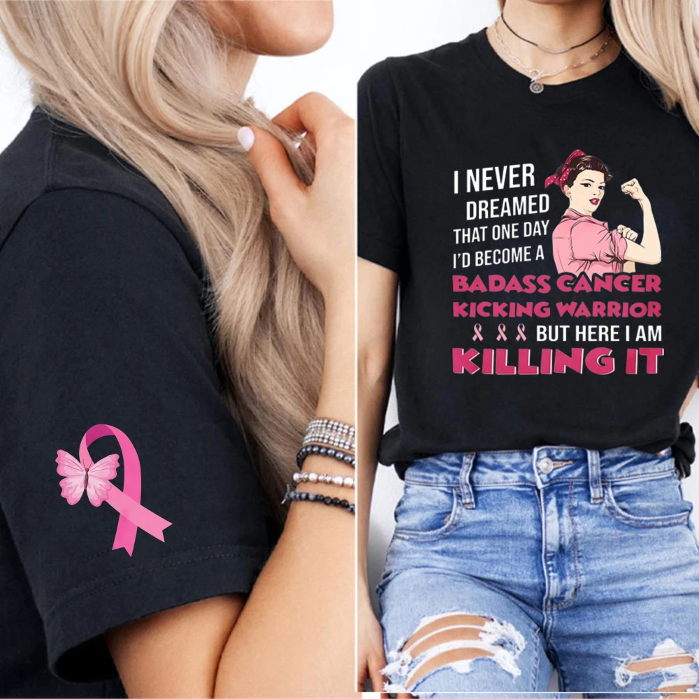 Badass Cancer Kicking Warrior Rosie Riveter Print Butterfly Pink Ribbon Cuff Graphic Breast Cancer Awareness Casual Ladies Tees