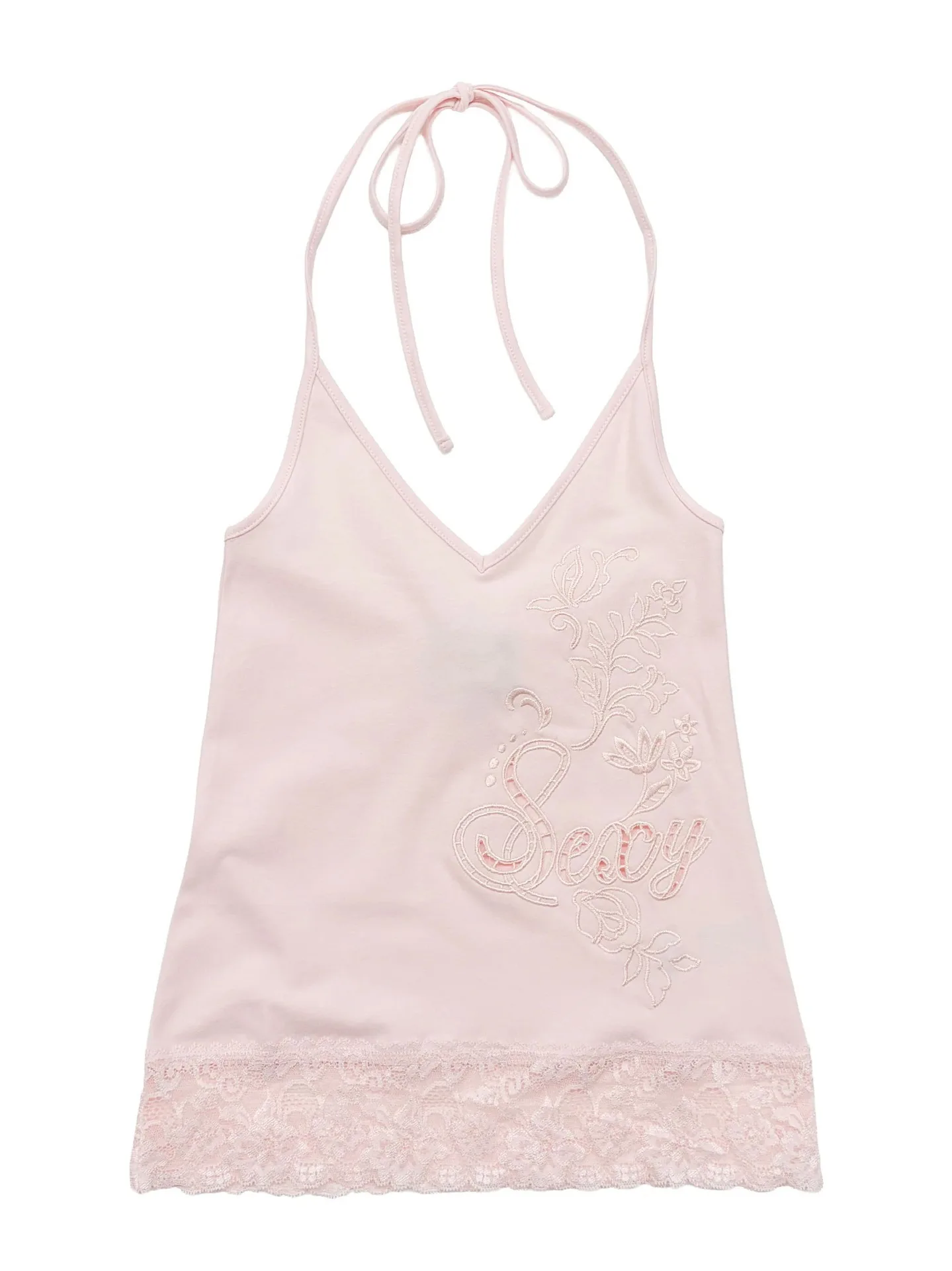 Y2K Spitzenbesatz Ärmelloses Cami-Top für Damen V-Ausschnitt Spaghettiträger Slim-Fit Besticktes Tanktop – Detail 1