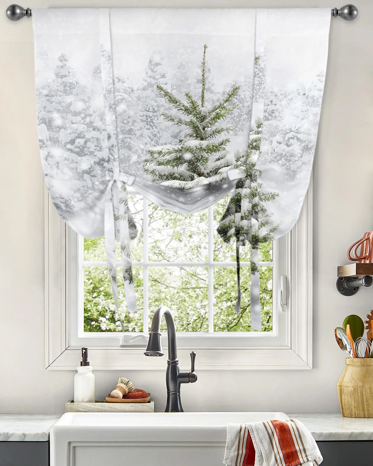 Christmas Snow Christmas Tree Window Curtain for Living Room Roman Curtains for Kitchen Cafe Tie Up Short Drapes