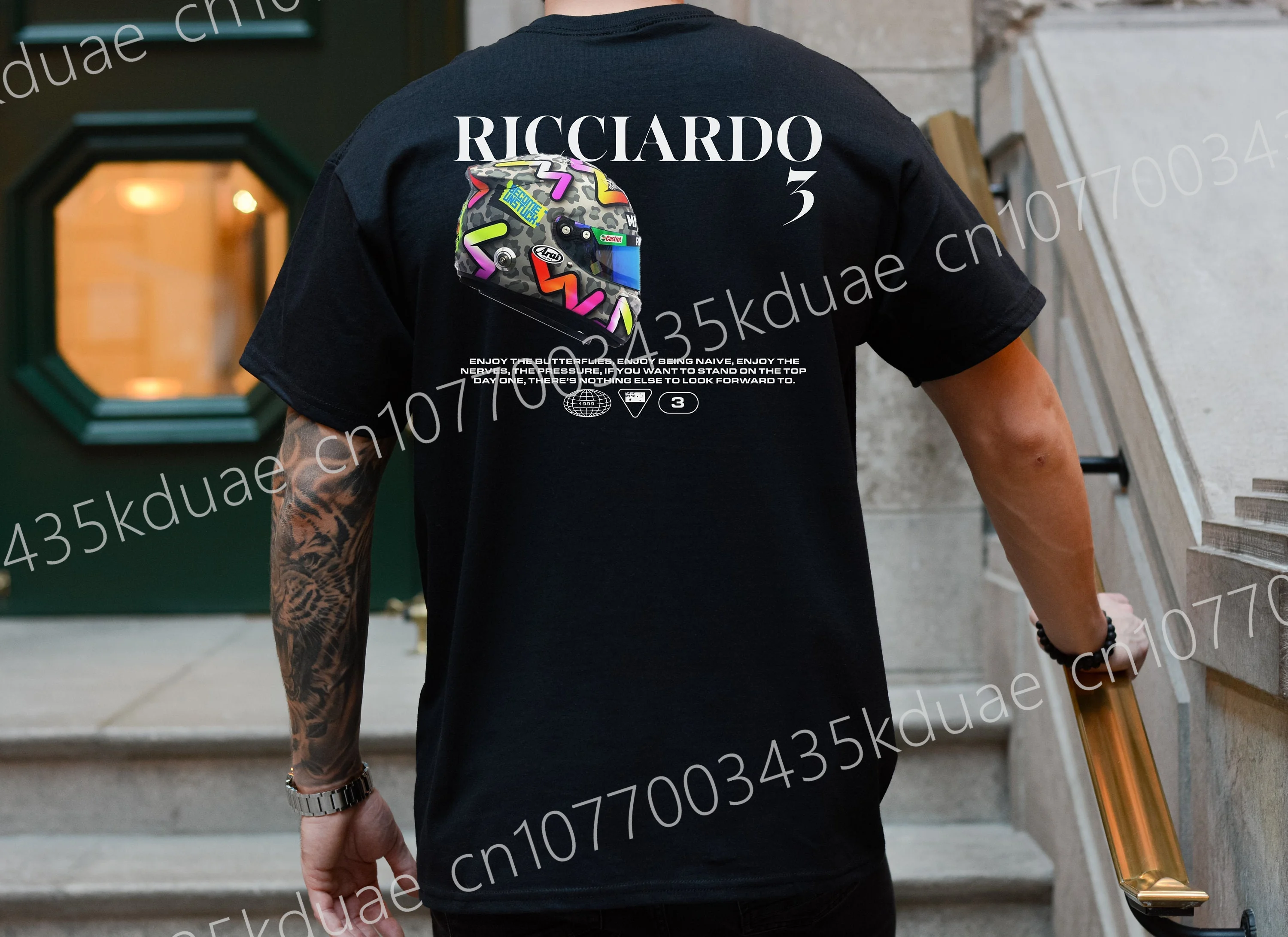 Daniel Ricciardo Capacete 5 Camiseta gráfica para homens Austrália Racing Driver Fãs Presentes Esportes Tops de algodão Tee F1 Roupas de corrida