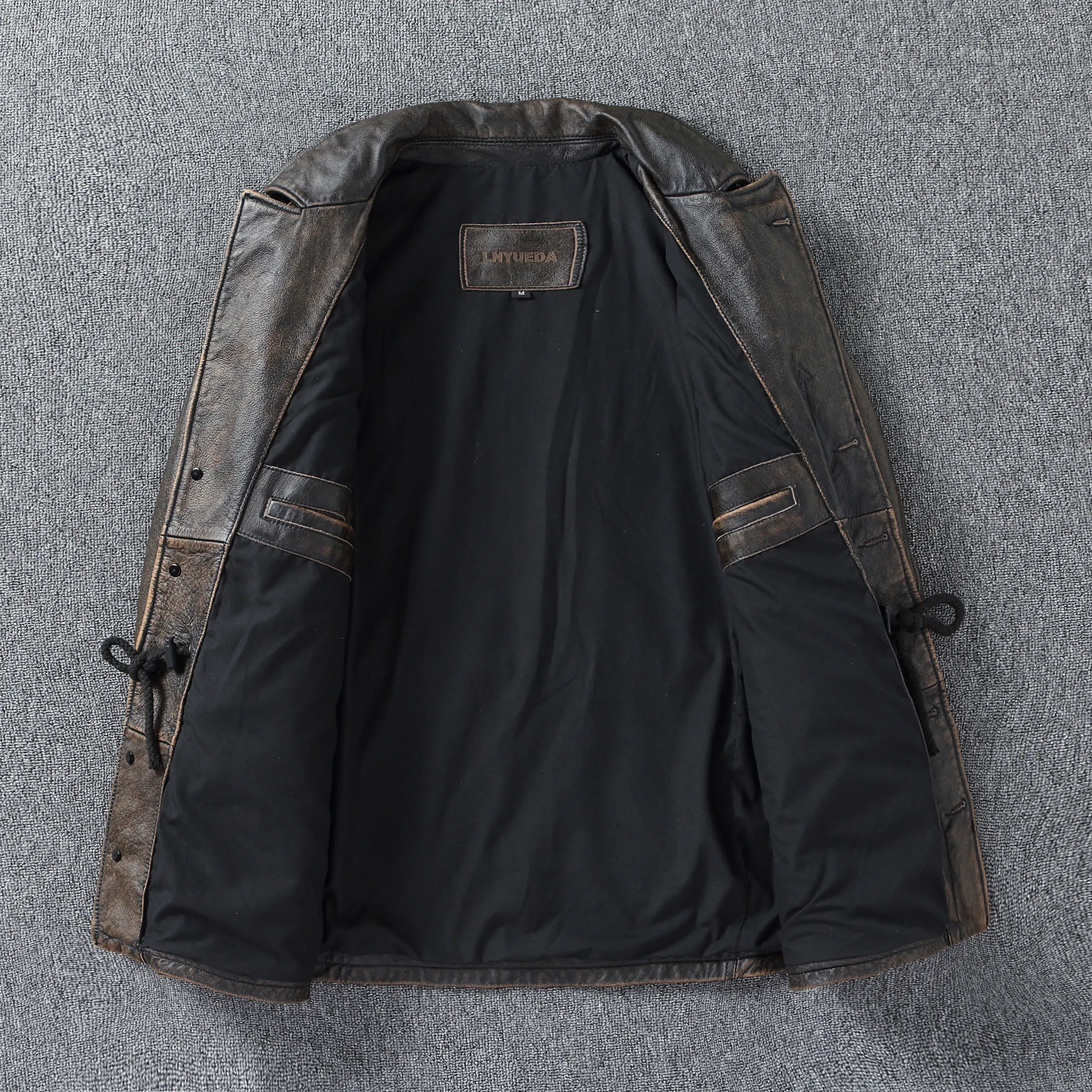 Men's Classic M43 Field Jacket, Full Grain Leather Military Hunting Coat, Mid-Length Multi-Pocket Genuine Leather Jacket