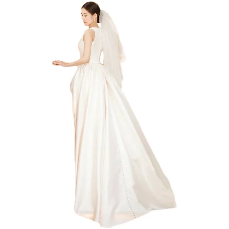 เกาหลีซาตินวินเทจงานแต่งงานชุดรอบคอ Vestidos De Novia A-Line กวาดรถไฟ Beach Robe De Mariée ชุดเจ้าสาว