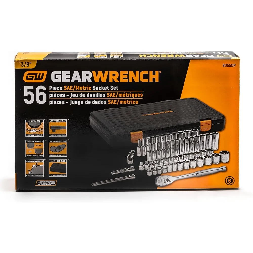 GEARWRENCH Juego de herramientas mecánicas de 56 piezas con accionamiento de 3/8 de pulgada y 6 puntos 120XP, estándar y profundo, SAE y métrico - 80550P