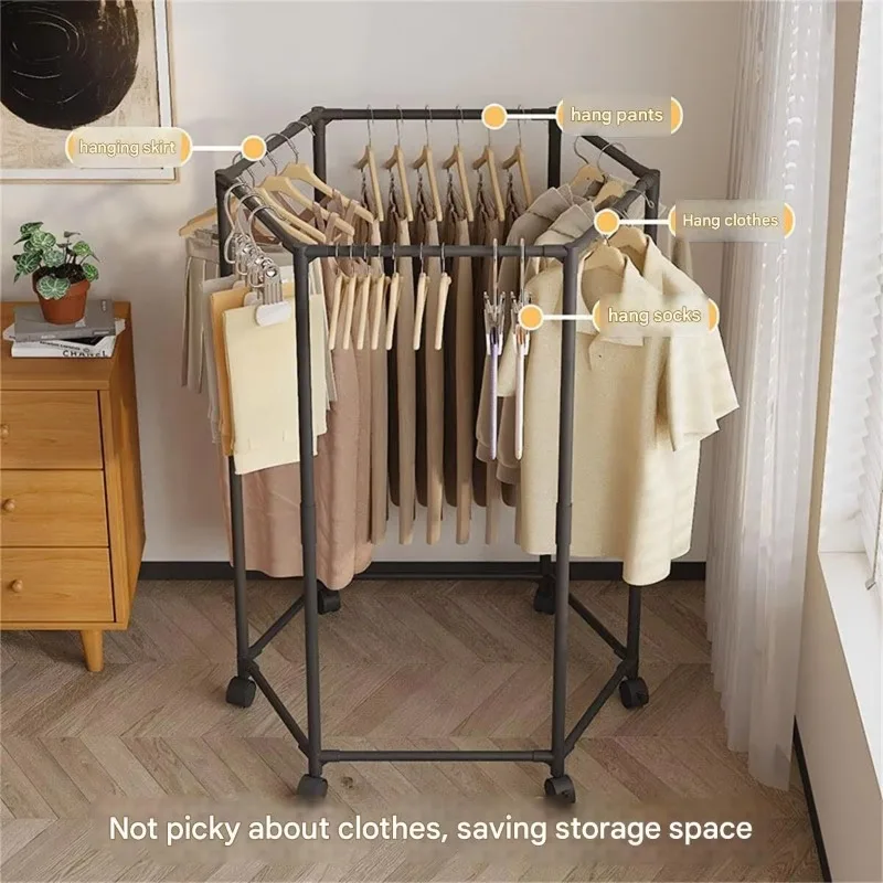 Easy to move 360° multifunctional floor-standing metal clothes hanger home bedroom clothes storage rack hexagonal shelf detachab