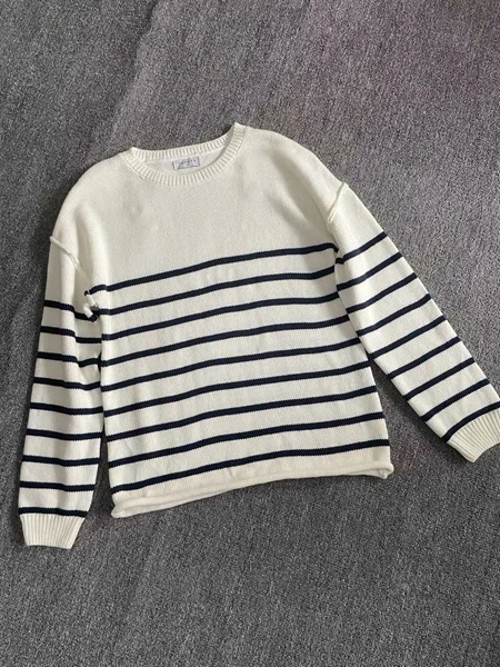 

Loose oulder Women's Knitted Sweater round Ne Striped Casual Sle Autumn Winter Large Size Cotton Blend Thermal Top