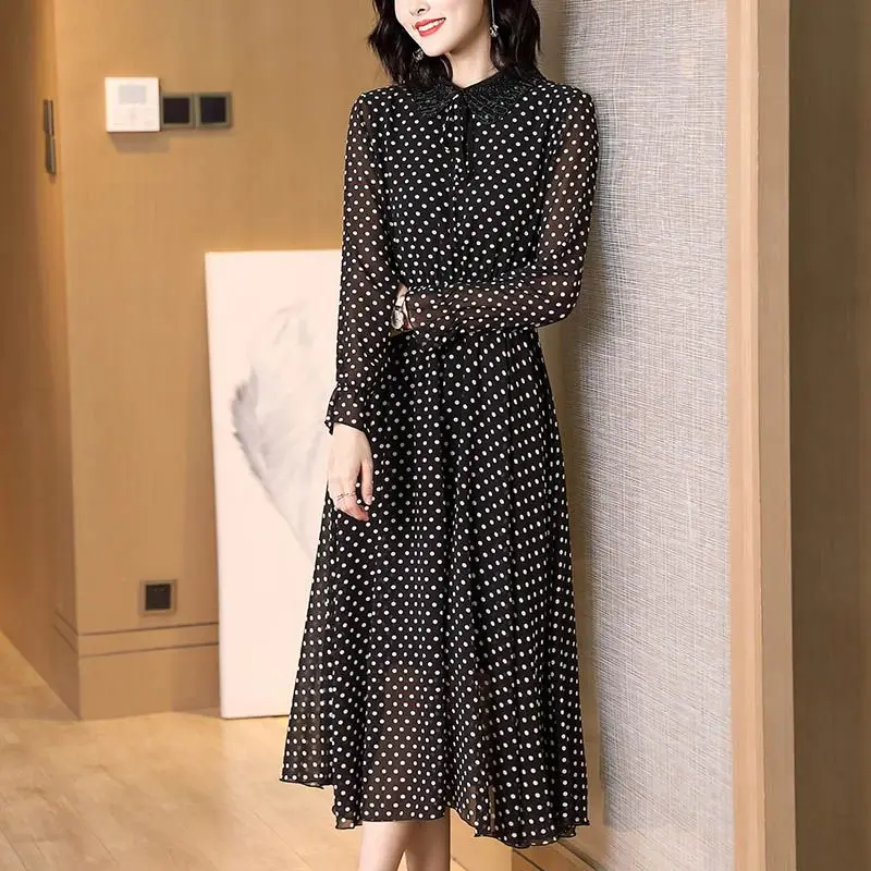 Spring Autumn Peter Pan Collar Beading Dresses Elegant A-Line Waist Women\'s Clothing Drawstring Commute Polka Dot Midi Dress New