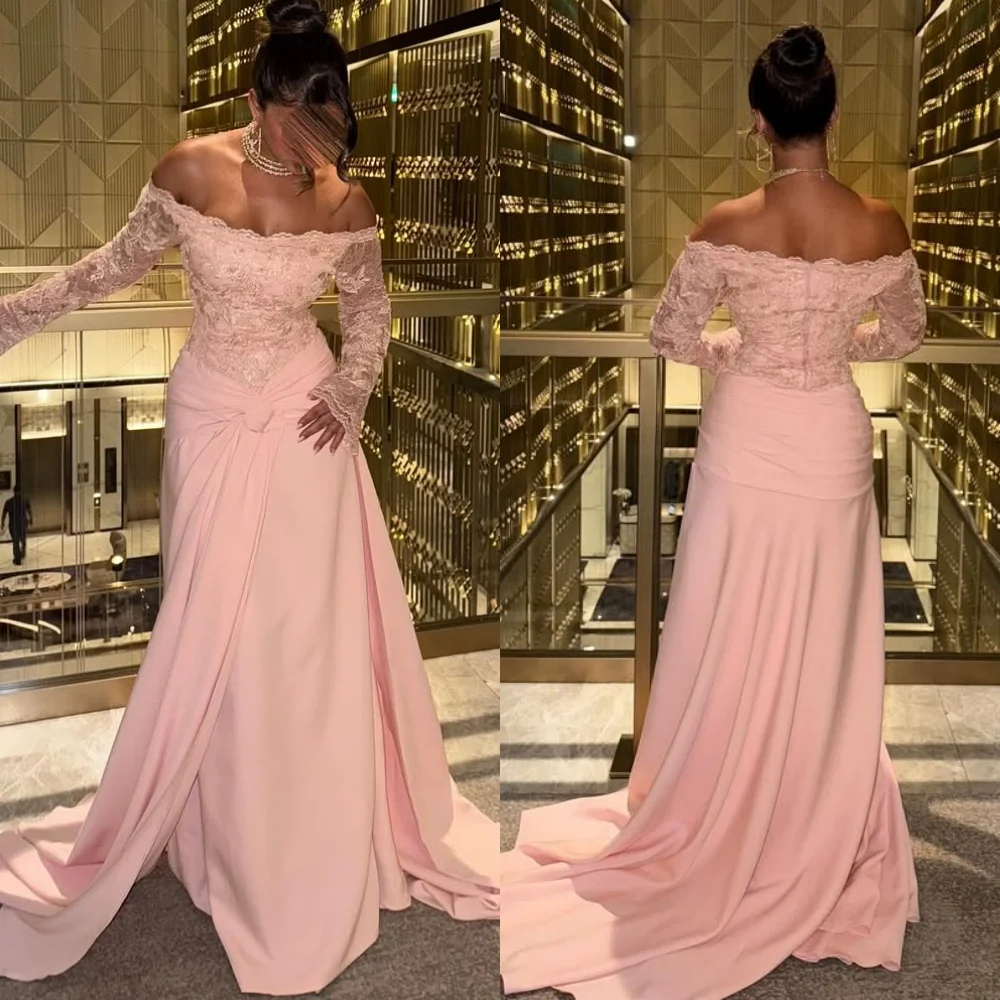 

Customized Modern Style Fashion Jersey Lace Ruched Straight Off-the-shoulder Long Dresses Bespoke Occasion Dresses Matching Sexy