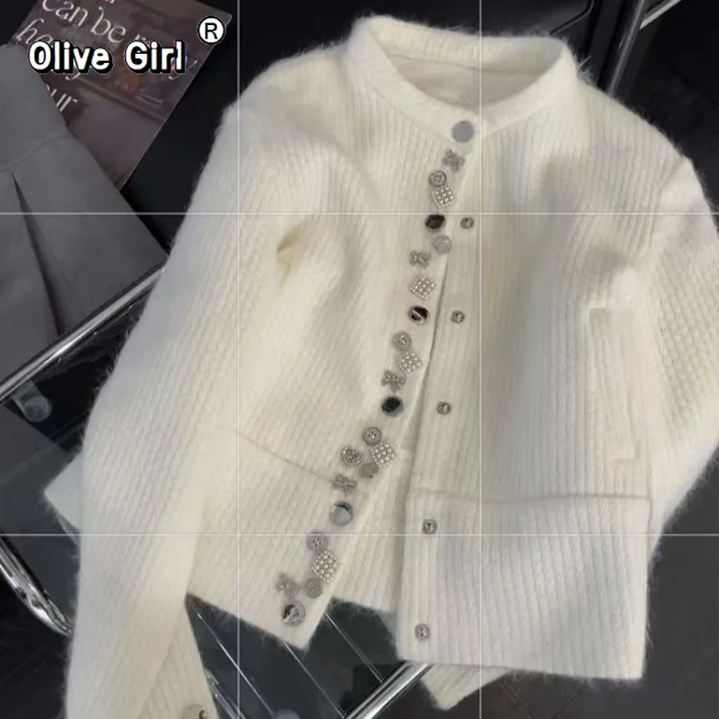 Olivegirl White Chic Knitted Jacket Women's Autumn Winter 2026 Cardigan Sweater Multi-button Knitted Sweater Outwear Top