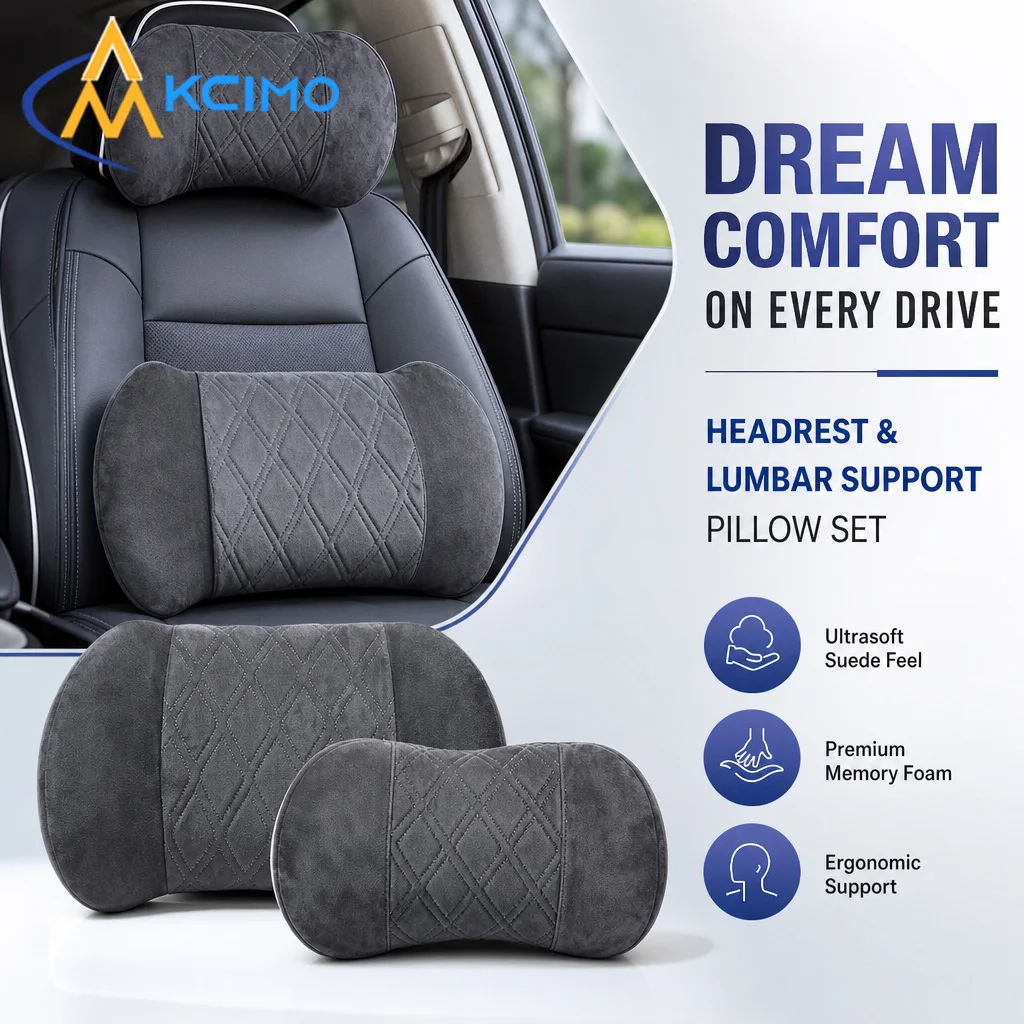 Suede Fabric Memory Foam Car Headrest & Lumbar Support Pillow High Elastic Soft Auto Seat Neck Waist Cushion Interior Accessory