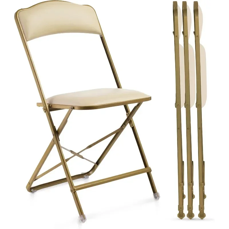 Folding Chairs with Padded Seats 4 Pack - Foldable Chair with Heavy-Duty Steel Frame, Elegant Bridge Chairs- Gold/Almond