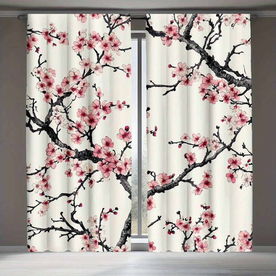 2PCS Digital Print  Curtain, Cherry Blossoms on Branches, Aesthetic Room Decor  Curtain for Apartment Dorm Bedroom