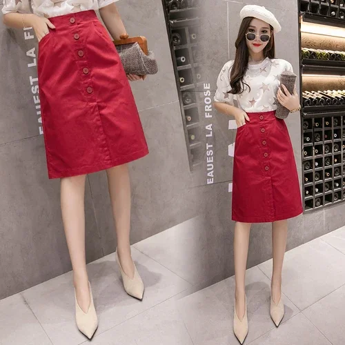 

Button Front Pencil Skirt Elegant Ladies Work Wear Midi Skirts Womens White Beige Red Black Skirt