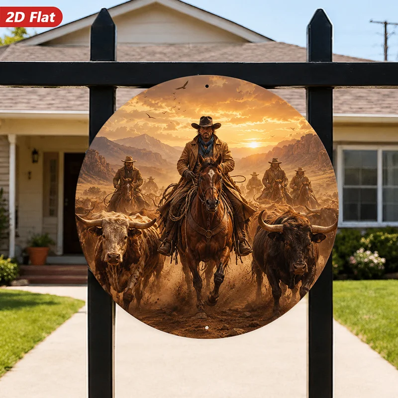 Round Metal Sign Wall Decor, Cowboy Themed Home Decor, Western Style, Ranch Scene, Sunset Elements, Suitable Living Room