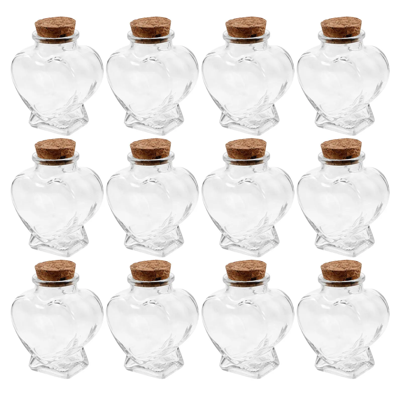 Heart-Shaped Glass Jars with Cork Stopper – 12pcs Transparent Wishing Bottles for Love Notes, Sand Keepsakes & Mini Decor