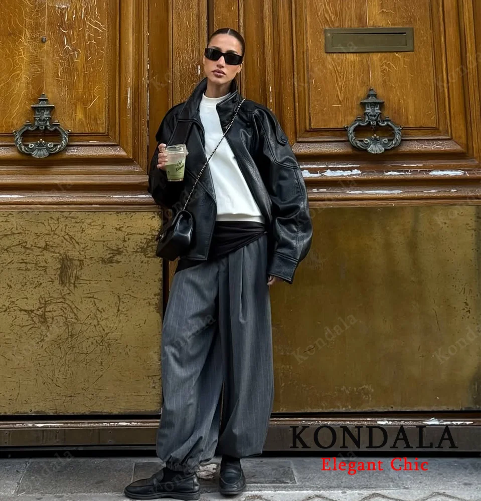 เสื้อแจ็คเก็ตหนังคอตั้ง KONDALA สำหรับผู้หญิง ฤดูใบไม้ร่วง ฤดูหนาว ซิปหนังเทียม PU ทรงหลวม แฟชั่นปี 2025 เสื้อแจ็คเก็ตผู้หญิงสุดหรู