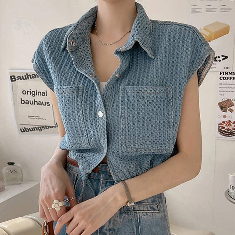 

Women Single-breasted Cardigan Denim Jacket With Pocket Turn-down Collar Office Elegant Crop Top Casual Shirt Summer