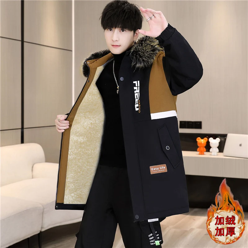 Fashion 2025 Winter Men's Warm Mid-Length Hooded Fleece Jackets Outwear Thicken Plush Coats Youth Windproof Top Parkas Clothing