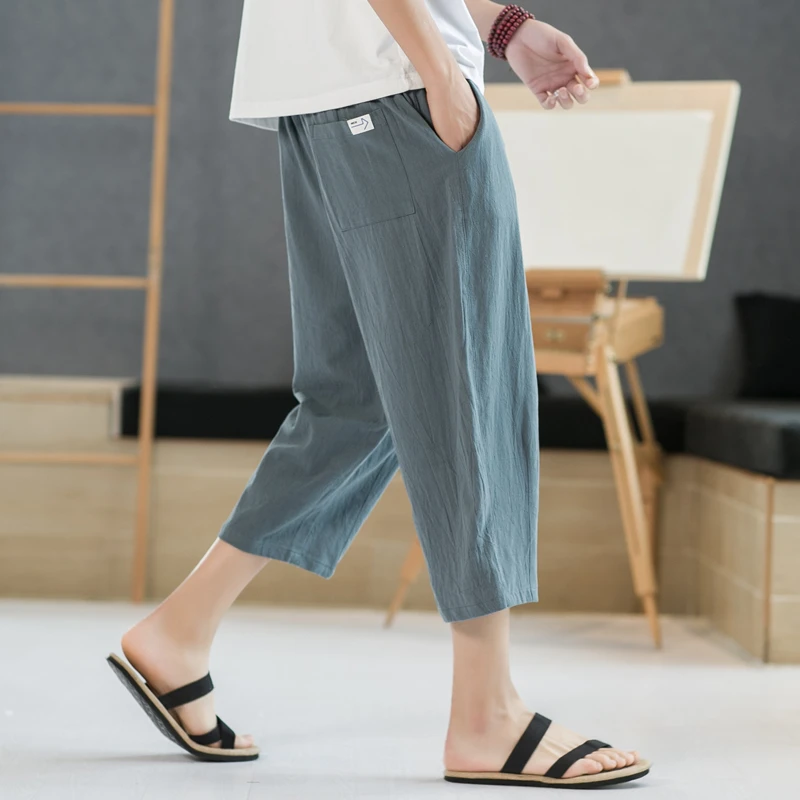 

Men's Summer Thin Loose Ice Silk Casual Harlan Pants Cotton Linen Seven-Foot orts Trendy Straight Leg Spor Basic Colors