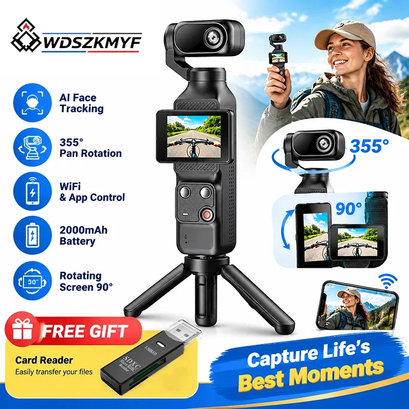 Pocket WiFi Mini Video Gimbal Camera, Action Camera 1080P Touch Screen, Gimbal Stabilizer 355° Face Tracking for Cycling Vlog