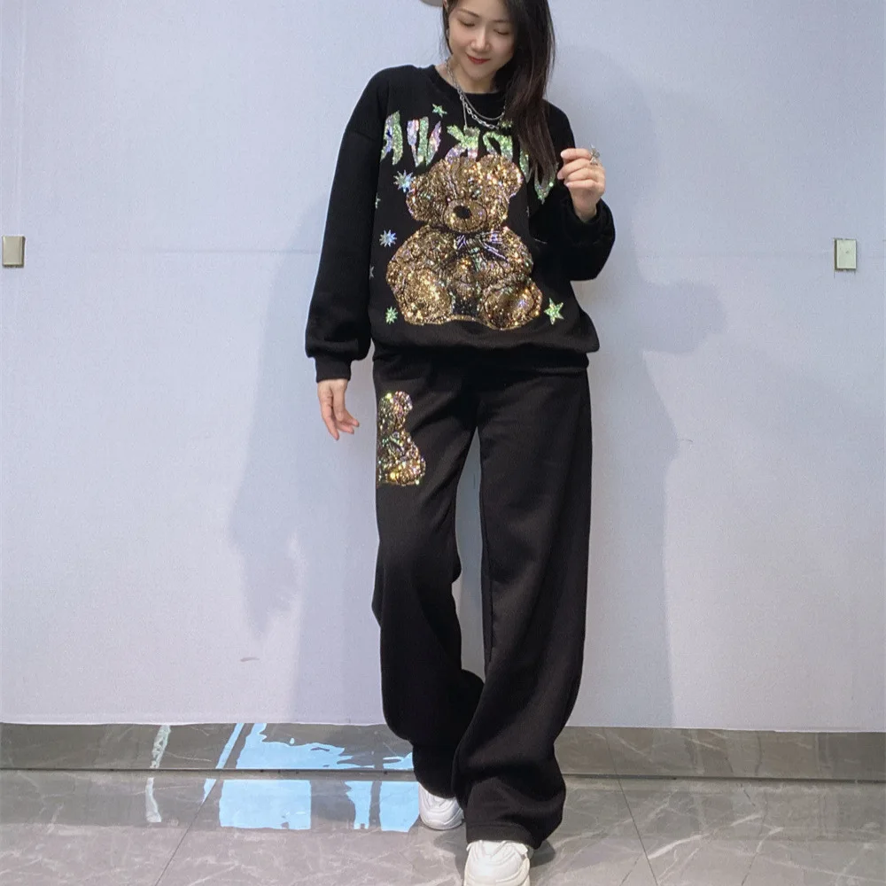 Fashion Autumn Winter Women Hoodie Set Thicken Fleece Round Neck Long Sleeve Pullover Top + Elastic Waist Wide Leg Casual Pants