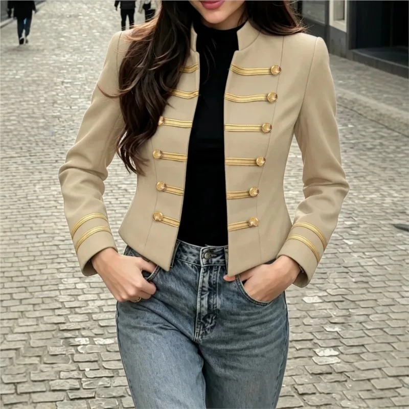 Women's Elegant Short Jacket Tops Military Style Double Breasted Stand Collar Gold Buttons Long Sleeve Cropped Blazer Streetwear
