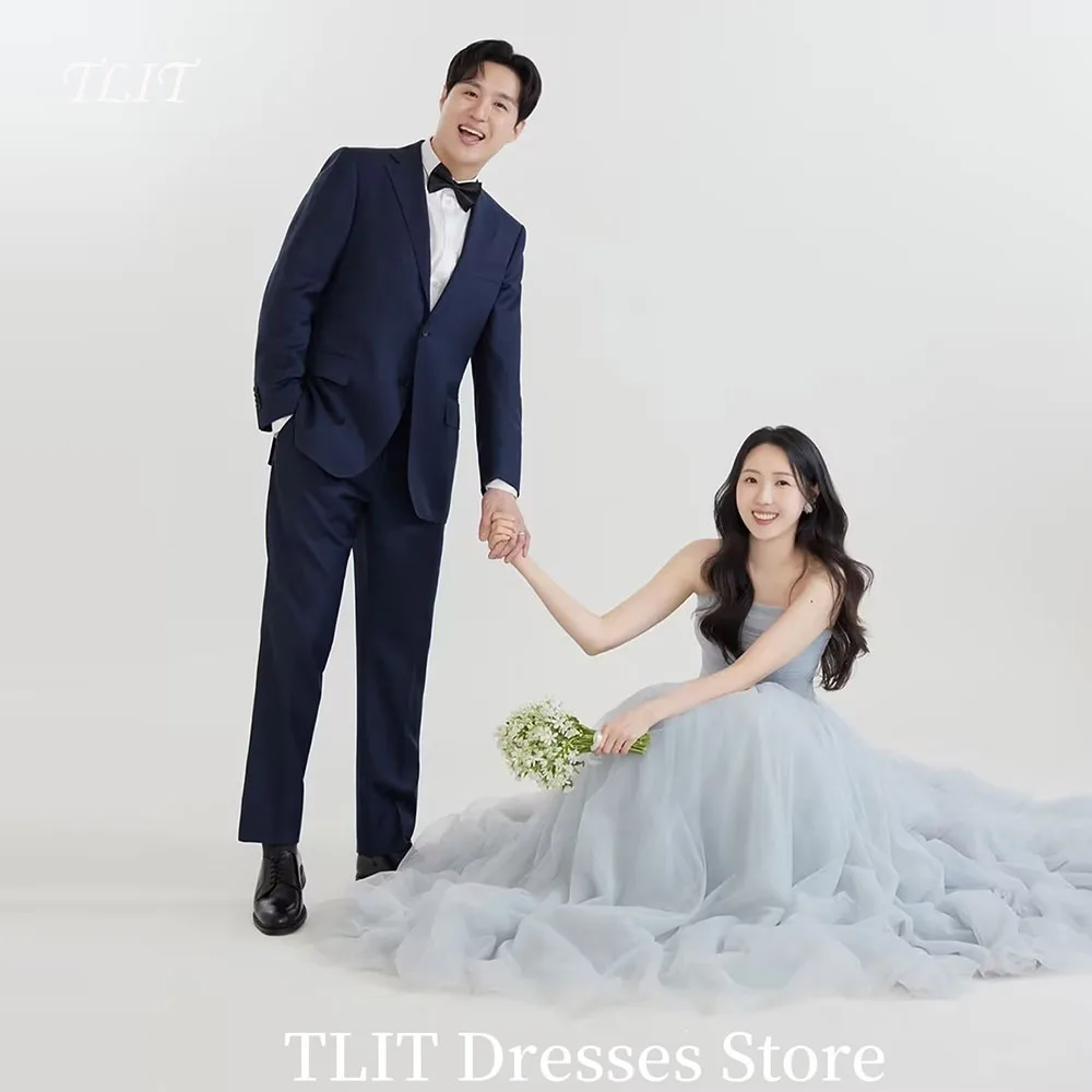 

TLIT Sky Blue Korea Evening Dresses Strapless Ball Gown Simple Elegant Prom Gown Fariy Soft Tulle Photo Shoot Dresses Customized
