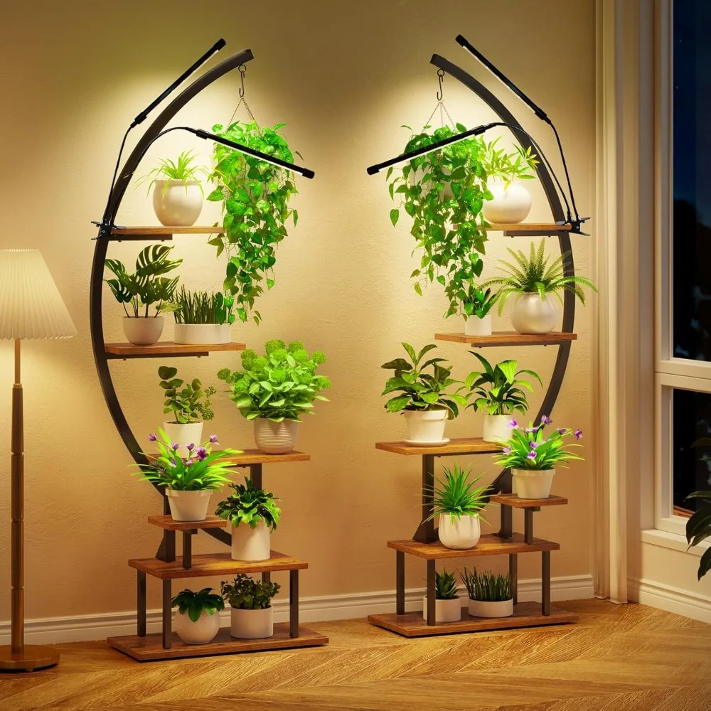 Suporte de planta com luzes de cultivo, prateleira de planta de metal de 7 camadas de meia lua, escada curvada de vários camadas, suporte de vaso de flores, rack de exibição