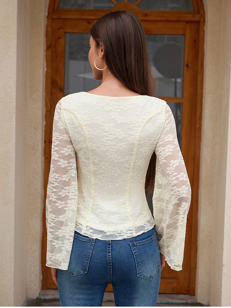 NewAsia 2026 Women's Lace Top Bell Sleeve Blouse with Tie Detail Y2K Trendy Round Neck Casual Shirt Elegant Feminine Style