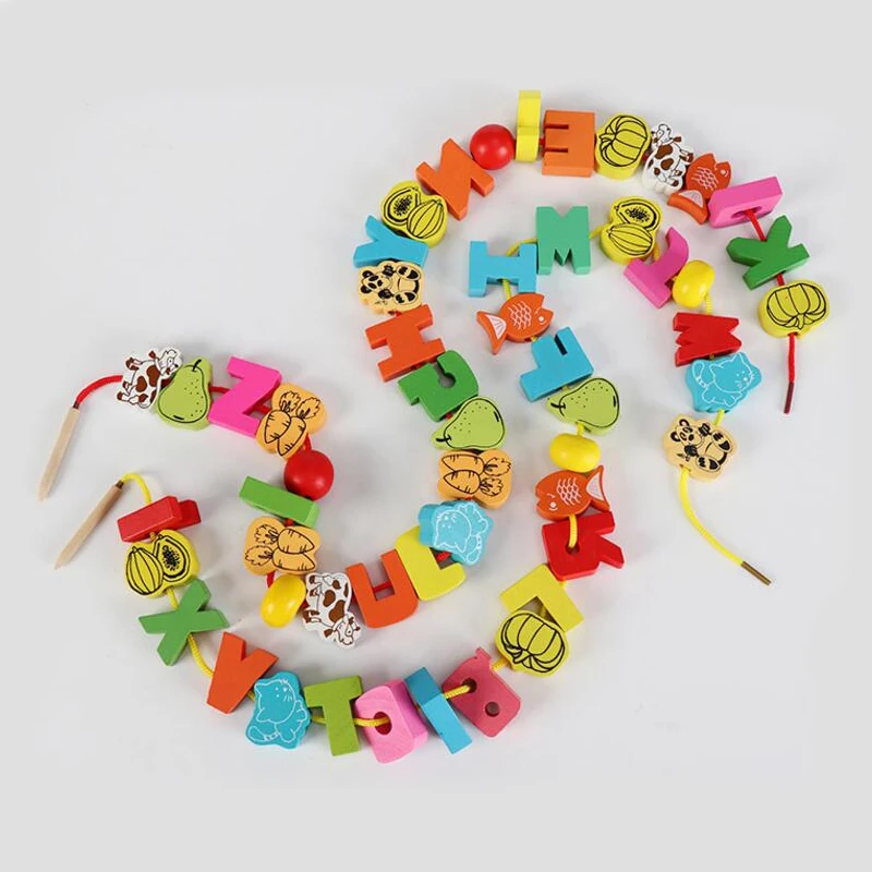 26pcs Children Wooden Beads 1-3 Year Old Infants Baby Stroller Suitable Toys Digital Fruit Animals Boys Girls Birthday Gifts TMZ