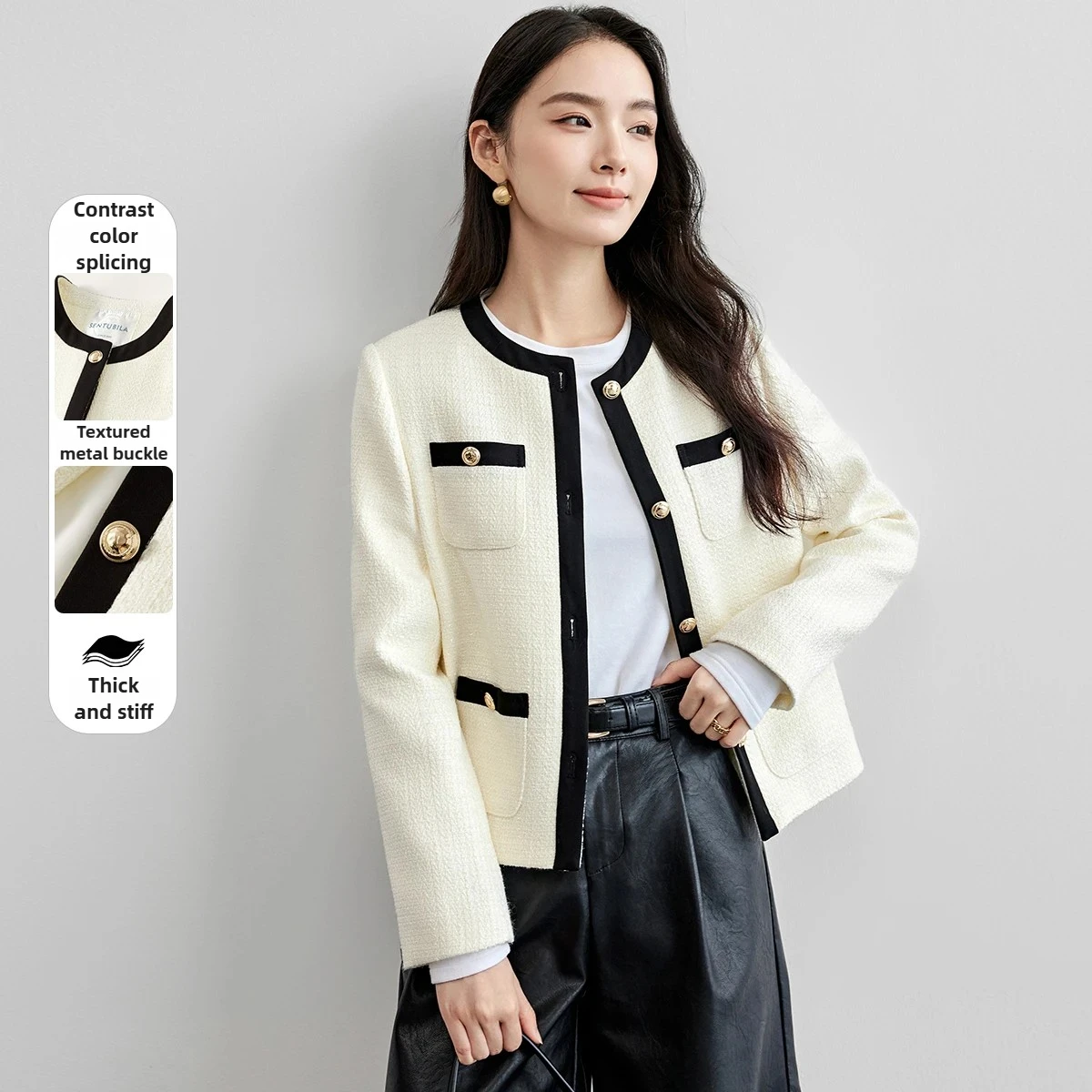 

SENTUBILA контрастная куртка для женщин, осень 202, простые элегантные пальто для поездок на работу, однобортная верхняя одежда с карманами 151W56398