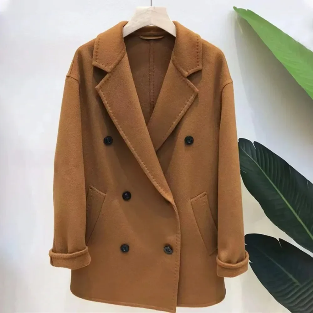 

2024 Autumn Winter New Short Double-sided Cashmere Coat Women Loose Casual Lapel Double-breasted Woolen Tweed Jacket Female