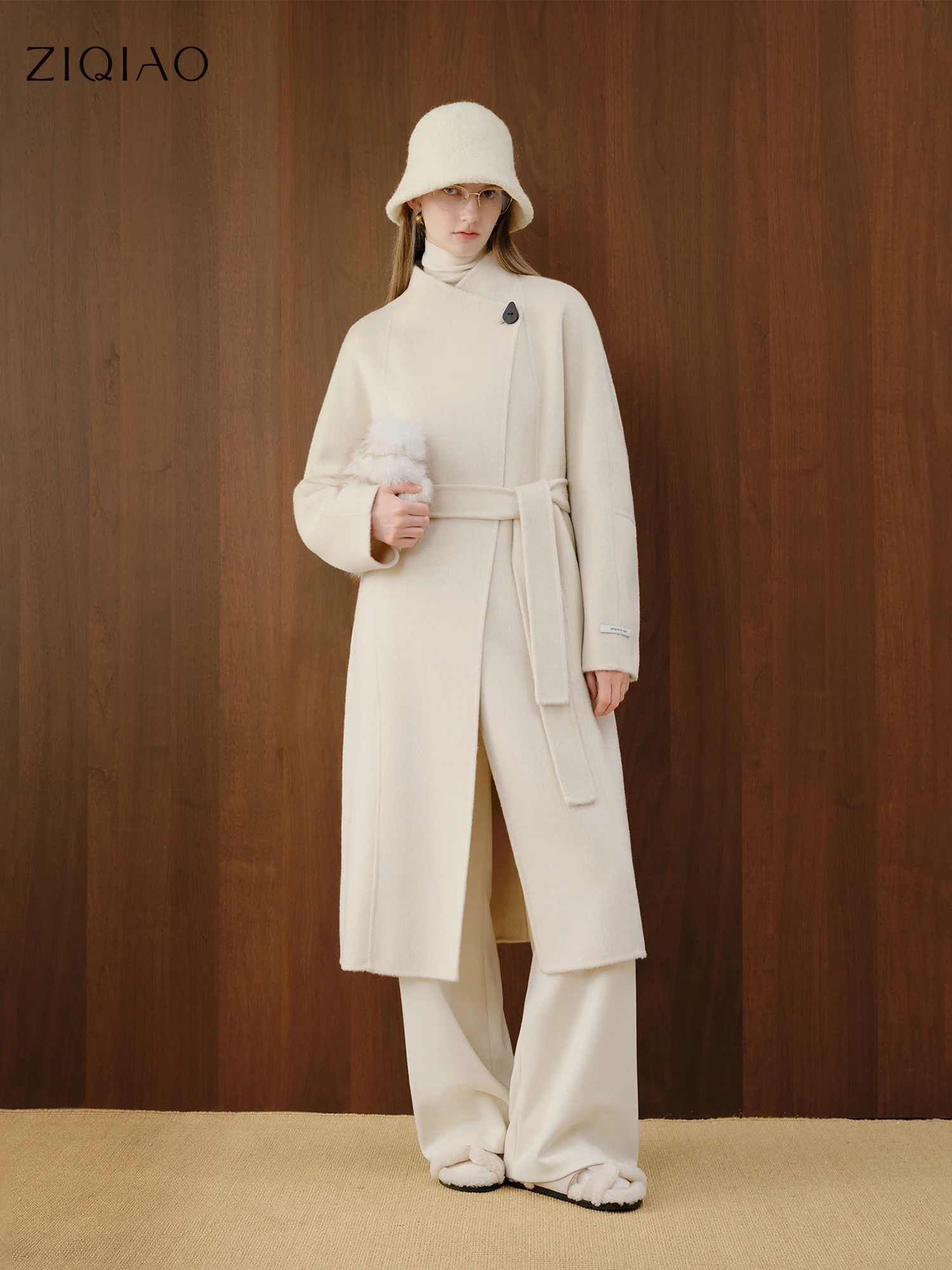 ZIQIAO Petite Size Winter Women's White Camel Wool Blend Coat Petite Length Tweed Overcoat for Small Size Slim Fit Outerwear