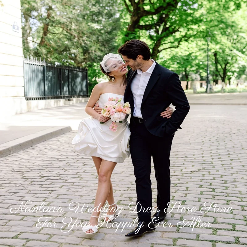 26 Styles Strapless Ruched Bubble Short Satin Civil Wedding Dress Mini Bridal Dress Vestidos de Novia Customized